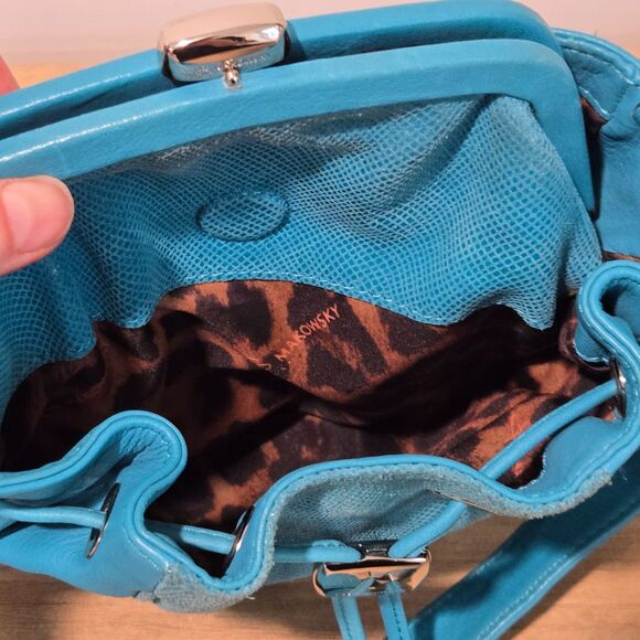 B MAKOWSKY Leather Purse Turquoise Blue Kiss Lock Convertible Crossbody shoulder - Picture 11 of 13